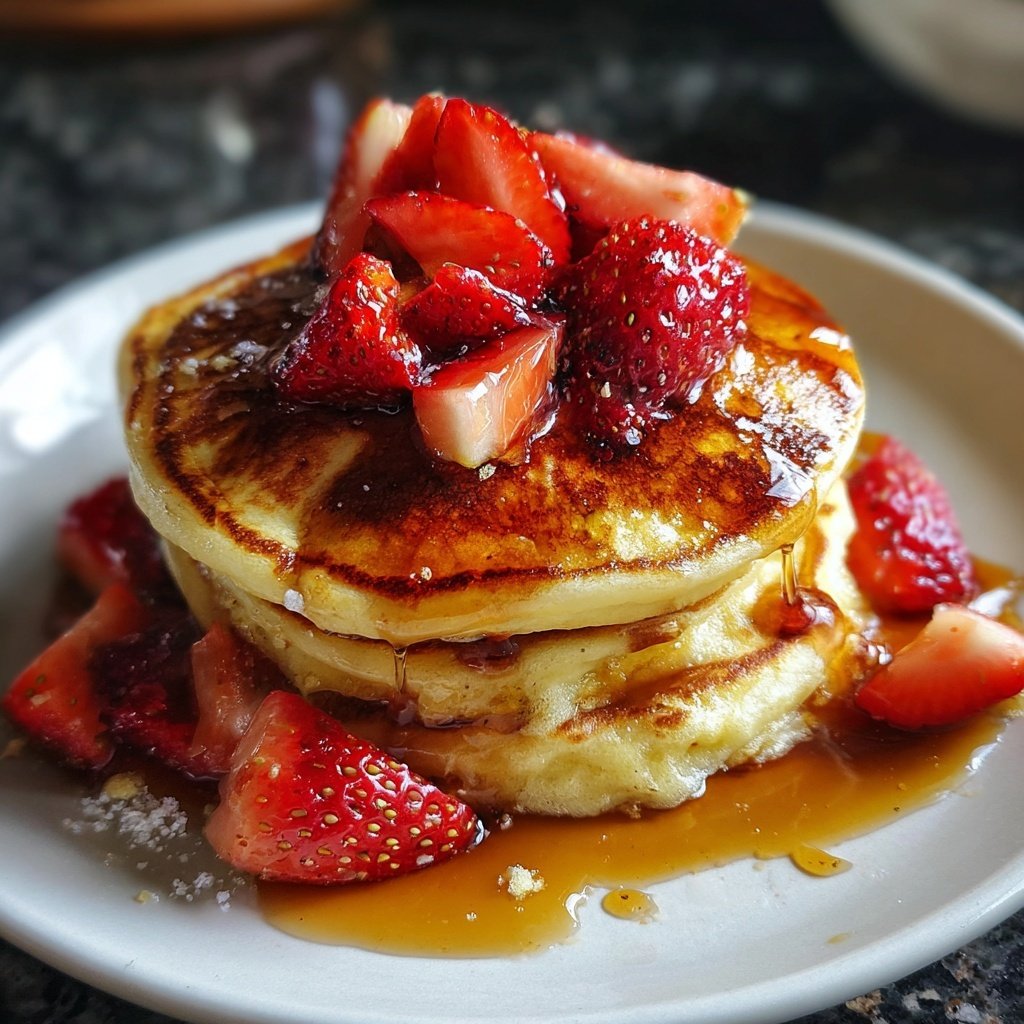 Fluffy Strawberry Pancakes with Syrup